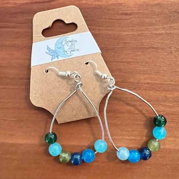 Hoop Earrings, Silver Wire Hand Strung with Green and Blue Glass Beads - Picture 2 of 2